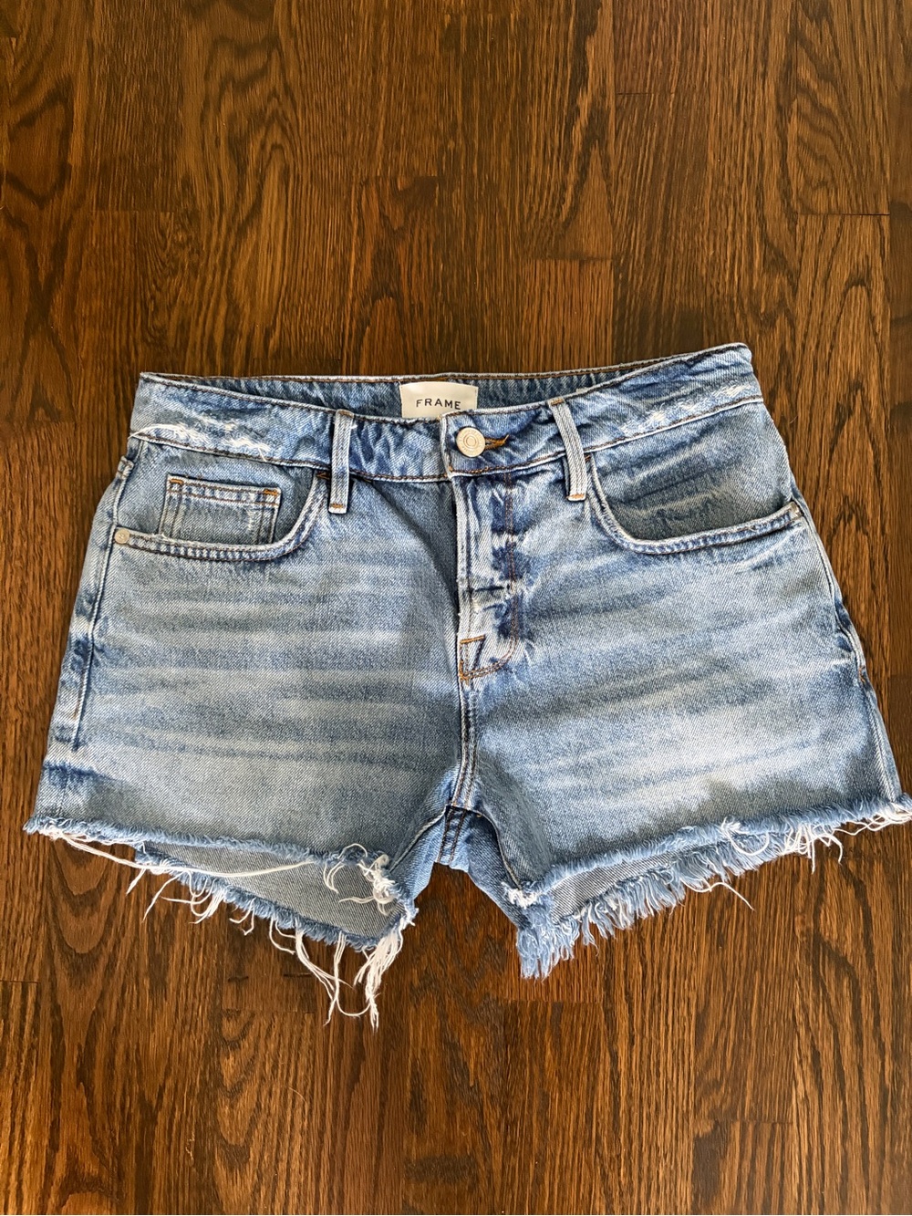 Frame Denim Le Grand Garçon Faded Light Blue Frayed Hem Cutoff Shorts